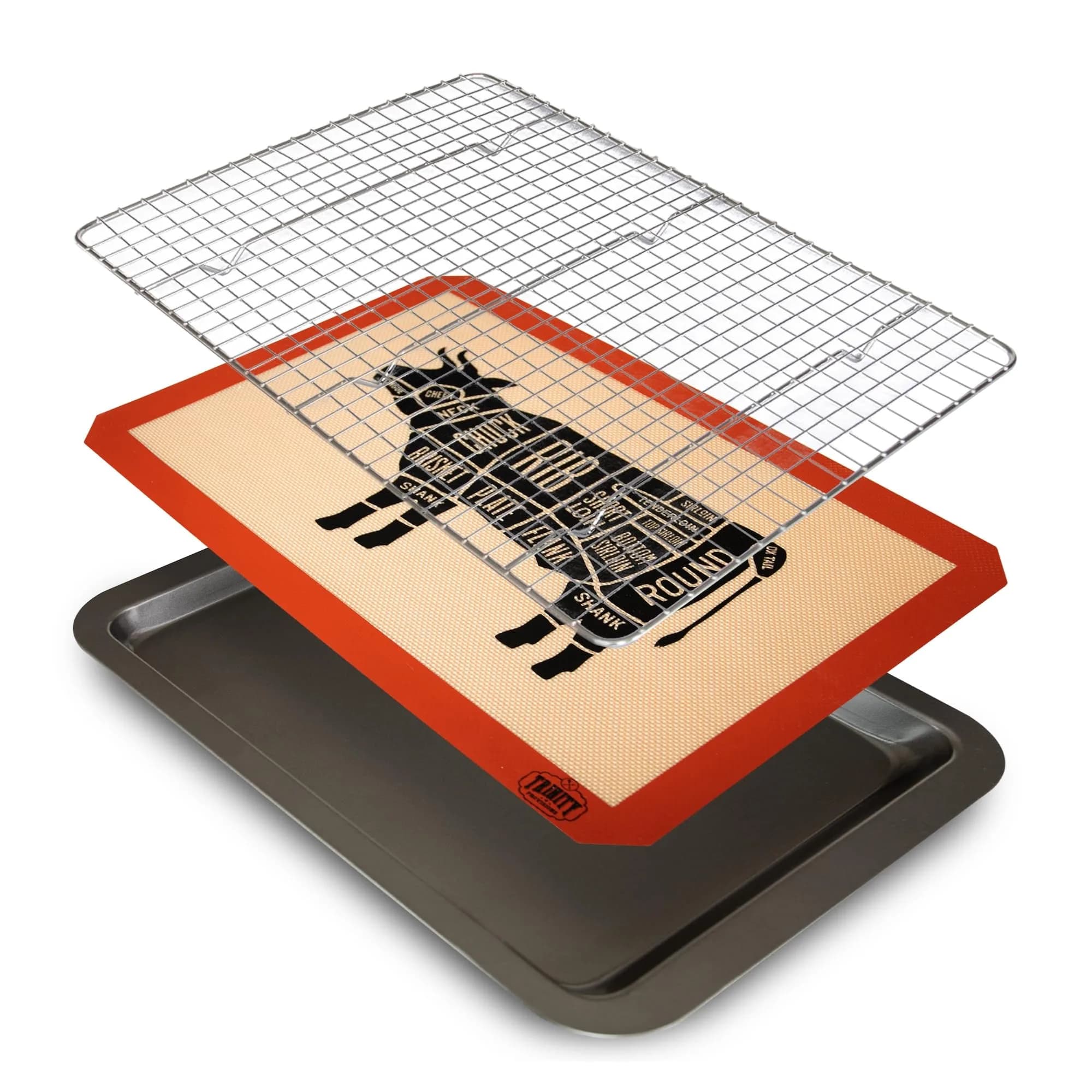 Trinity Provisions Large Meat Resting Pan with Wire Rack and Silicone Mat, 19 x 13 Inches (48.3 x 33 cm) | For Roasts, Steaks, BBQ, Bacon — Large roasts 19" x 13"