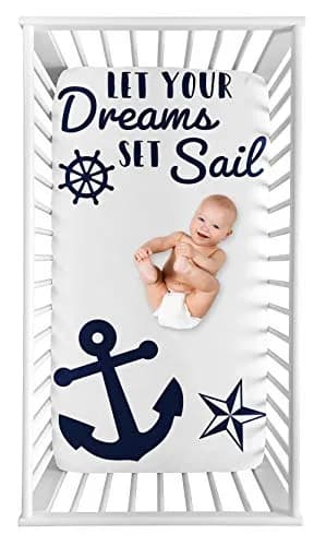 Sweet Jojo Designs Navy Blue White Anchors Fitted Crib Sheet 52x28 in | Nautical Ocean Sailboat Theme thumbnail 1