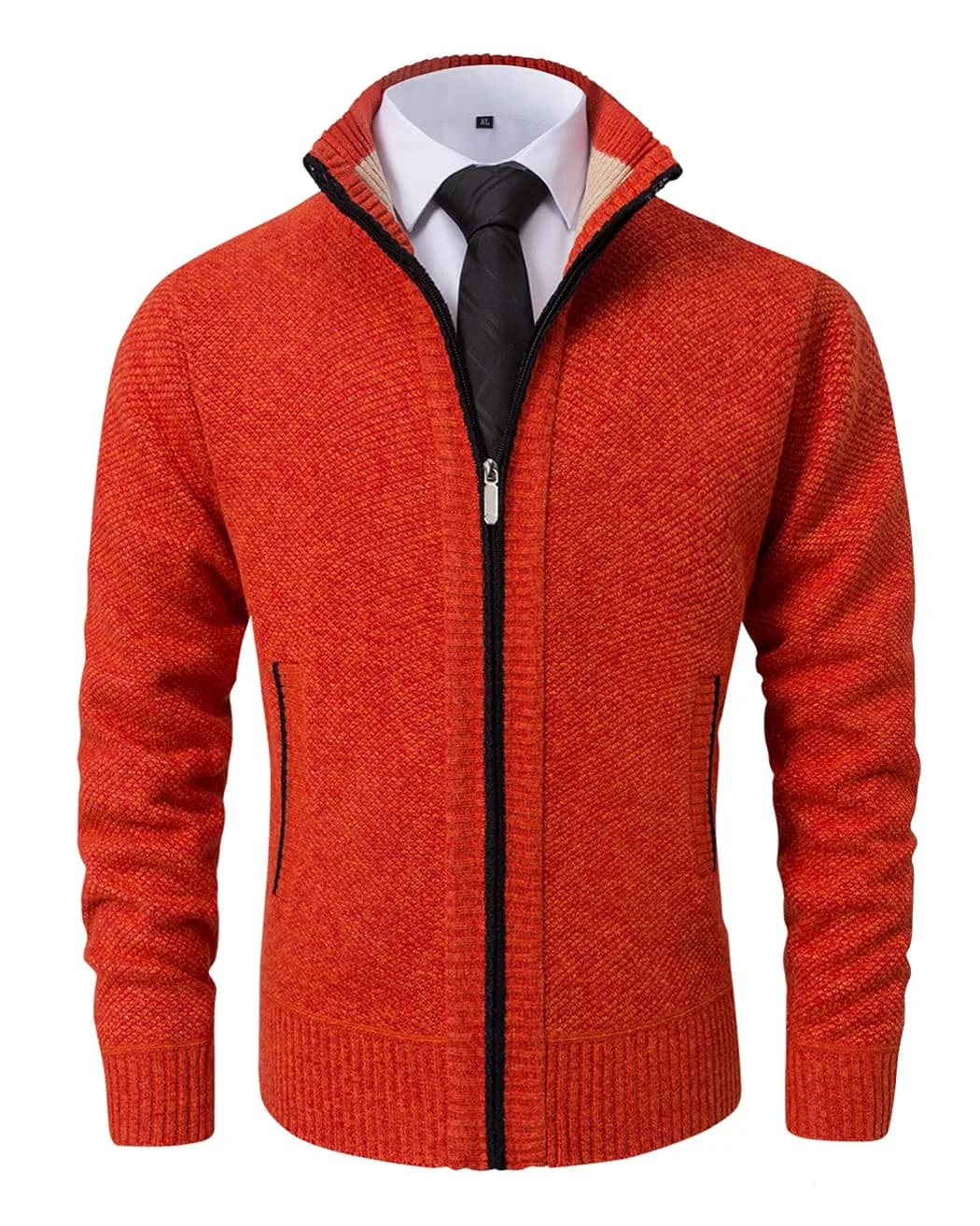 Vcansion Men's Casual Slim Fit Full Zip Thick Knit Cardigan Sweater with Pockets Orange-red | Classic Warmth & Style — XX-Large