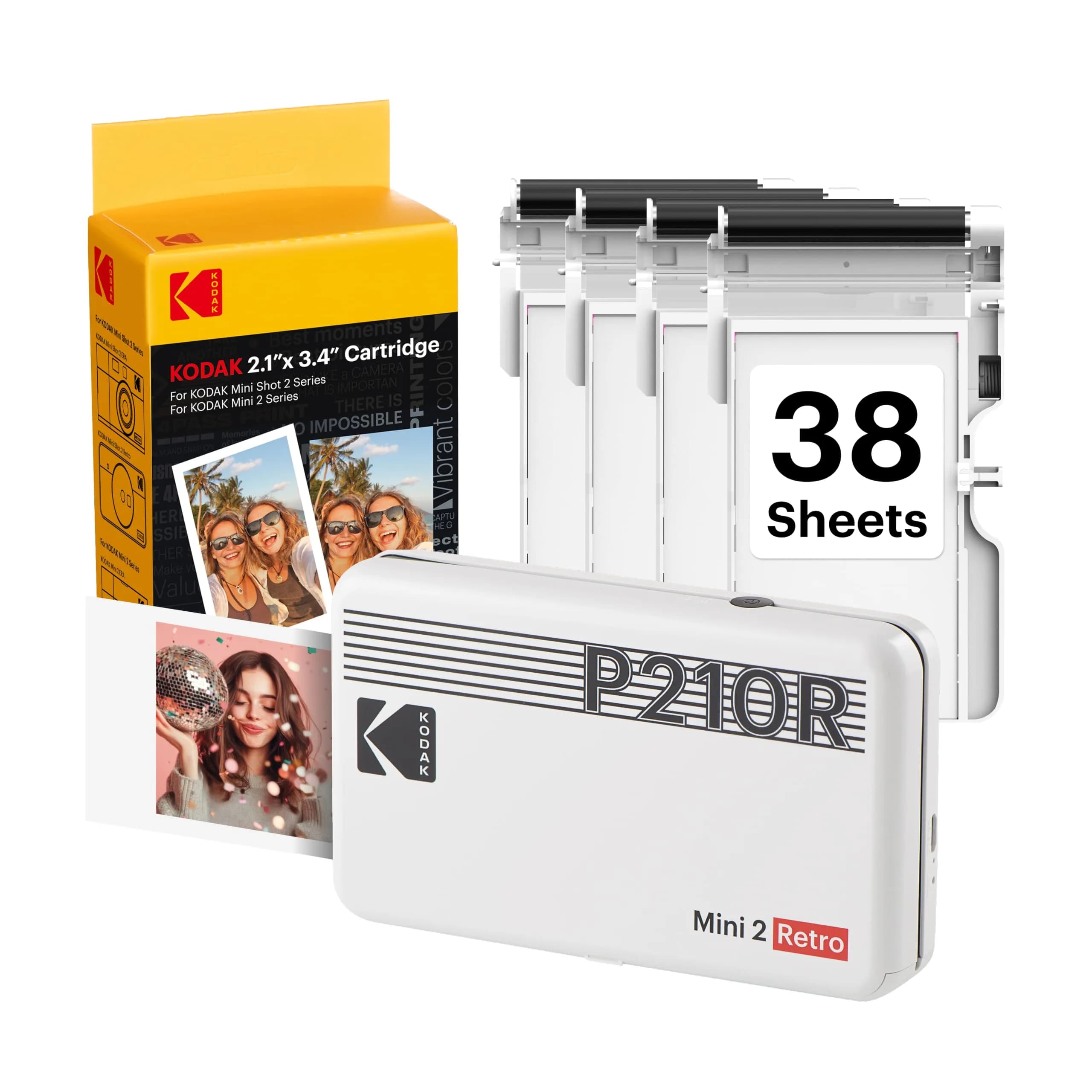 KODAK Mini 2 Retro Portable Photo Printer Yellow | 2x3 Inch Prints, 4PASS Dye Sublimation — White / Printer + 38 Sheets