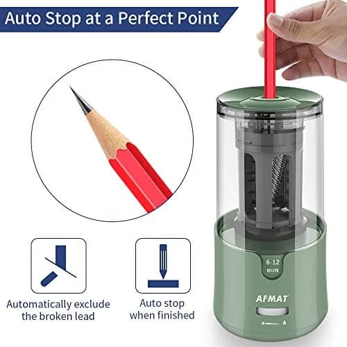 AFMAT Electric Pencil Sharpener Green | Auto Stop, Fast Sharpening, 6-12mm Pencils, Plug-in, 2 Sharpness Settings | 19cm (7.5in) thumbnail 4