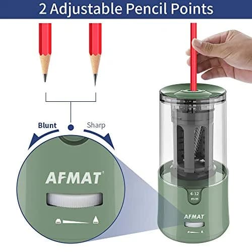 AFMAT Electric Pencil Sharpener Green | Auto Stop, Fast Sharpening, 6-12mm Pencils, Plug-in, 2 Sharpness Settings | 19cm (7.5in) thumbnail 6