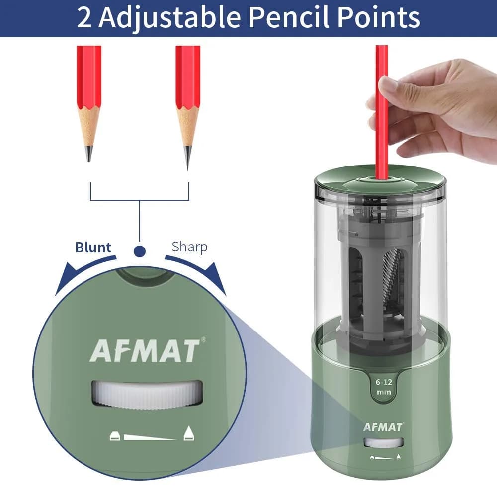AFMAT Electric Pencil Sharpener Green | Auto Stop, Fast Sharpening, 6-12mm Pencils, Plug-in, 2 Sharpness Settings | 19cm (7.5in) - view 6
