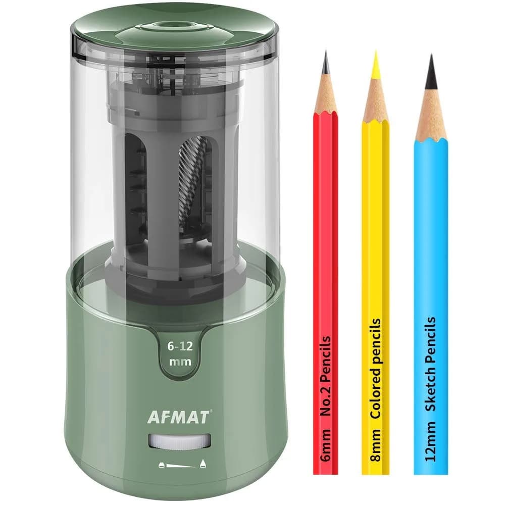 AFMAT Electric Pencil Sharpener Green | Auto Stop, Fast Sharpening, 6-12mm Pencils, Plug-in, 2 Sharpness Settings | 19cm (7.5in) - main product image