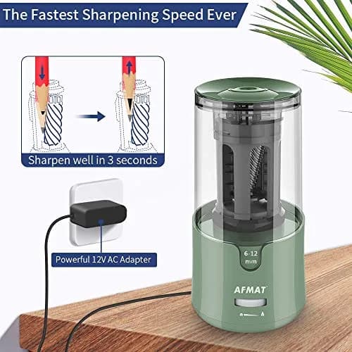 AFMAT Electric Pencil Sharpener Green | Auto Stop, Fast Sharpening, 6-12mm Pencils, Plug-in, 2 Sharpness Settings | 19cm (7.5in) thumbnail 3