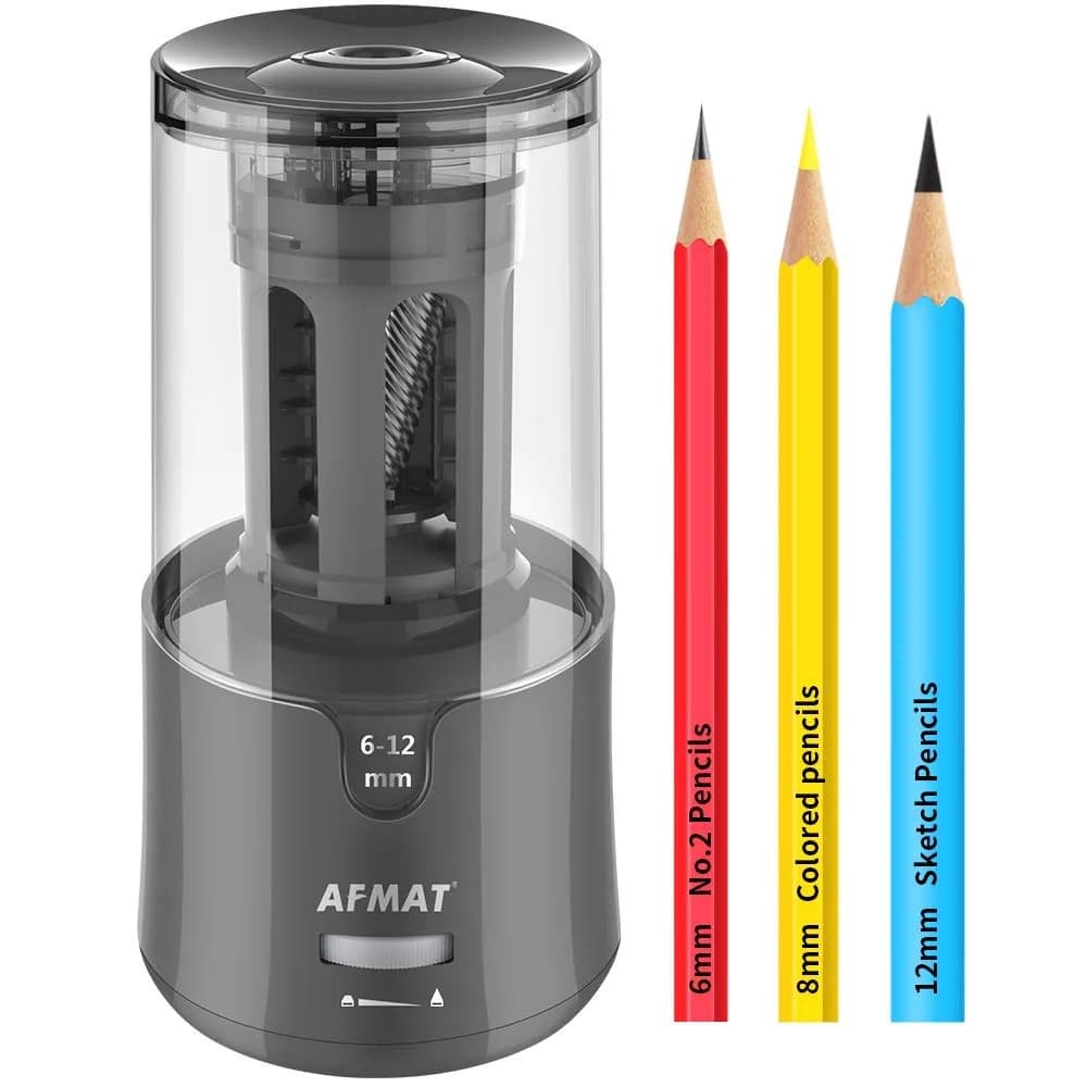 AFMAT Electric Pencil Sharpener, Heavy Duty for 6-12mm Pencils, Auto Stop, Fast & Sharp, Plug-in for Office/Home (Gray, 1 Unit) - main product image