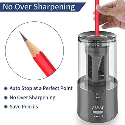 AFMAT Electric Pencil Sharpener, Heavy Duty for 6-12mm Pencils, Auto Stop, Fast & Sharp, Plug-in for Office/Home (Gray, 1 Unit) thumbnail 4