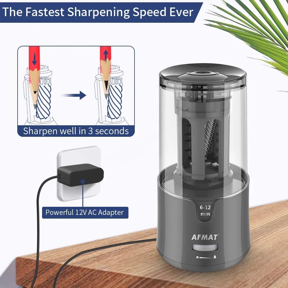 AFMAT Electric Pencil Sharpener, Heavy Duty for 6-12mm Pencils, Auto Stop, Fast & Sharp, Plug-in for Office/Home (Gray, 1 Unit) - view 3
