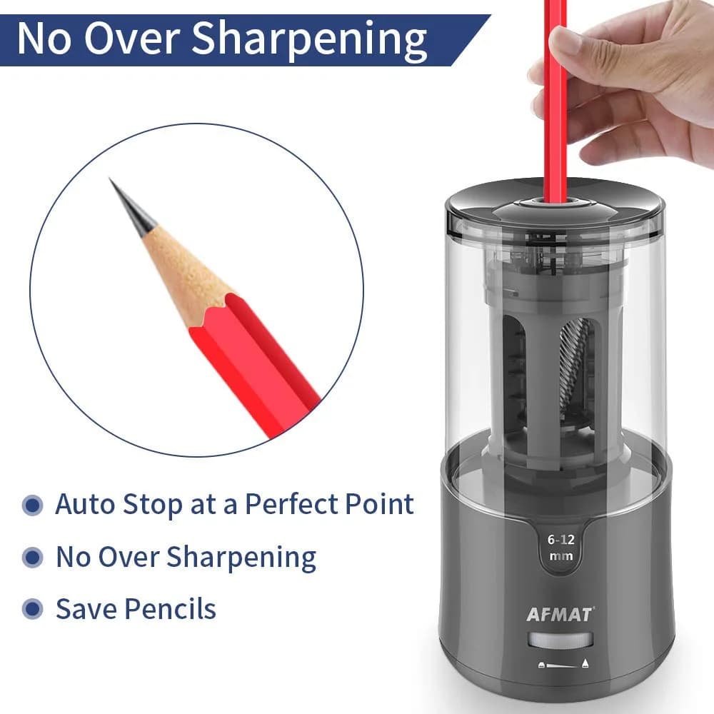 AFMAT Electric Pencil Sharpener, Heavy Duty for 6-12mm Pencils, Auto Stop, Fast & Sharp, Plug-in for Office/Home (Gray, 1 Unit) - view 4