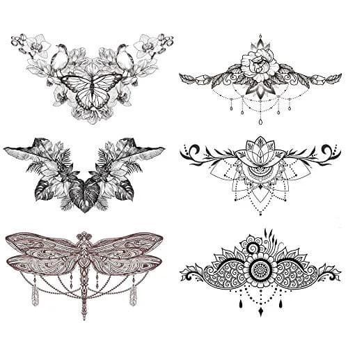 Glaryyears 3D Realistic Chest Underboob Temporary Tattoos for Women | Pack of 6 Large Waterproof Designs thumbnail 1