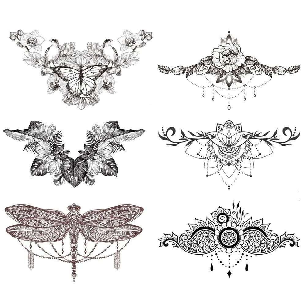 Glaryyears 3D Realistic Chest Underboob Temporary Tattoos for Women | Pack of 6 Large Waterproof Designs