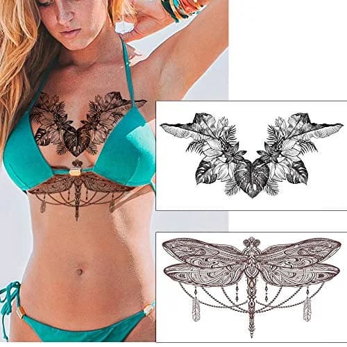 Glaryyears 3D Realistic Chest Underboob Temporary Tattoos for Women | Pack of 6 Large Waterproof Designs thumbnail 2