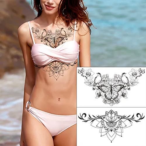 Glaryyears 3D Realistic Chest Underboob Temporary Tattoos for Women | Pack of 6 Large Waterproof Designs thumbnail 3
