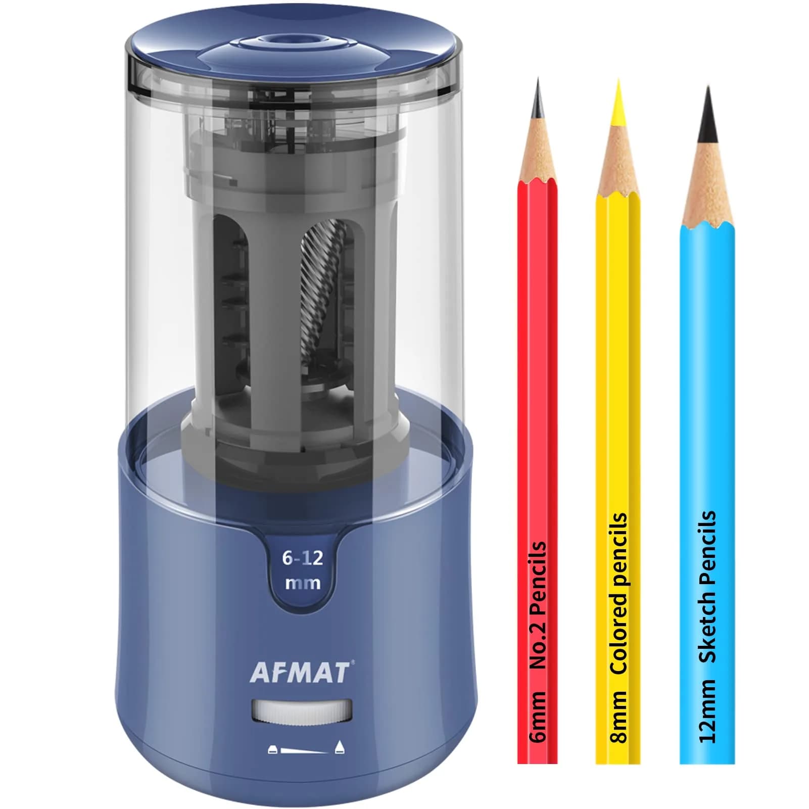 AFMAT Electric Pencil Sharpener for Colored Pencils, Blue 19cm (7.44in) | Sharpens 6-12mm Pencils Fast - main product image