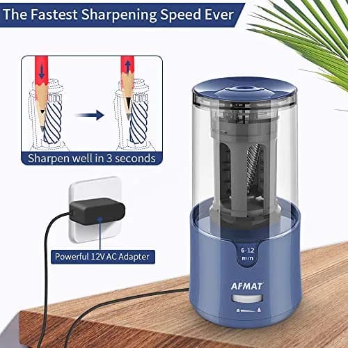 AFMAT Electric Pencil Sharpener for Colored Pencils, Blue 19cm (7.44in) | Sharpens 6-12mm Pencils Fast thumbnail 3