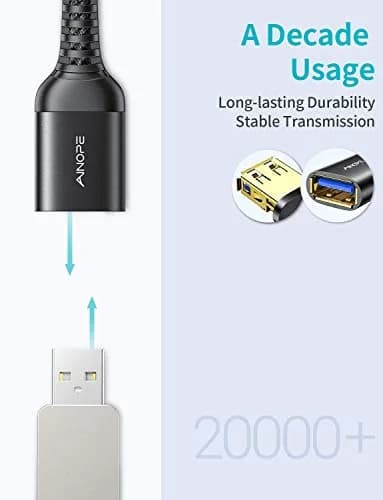 AINOPE 2 Pack USB 3.0 Extension Cable 2m (6.6ft) Black | High Speed Data Transfer & Charging thumbnail 4