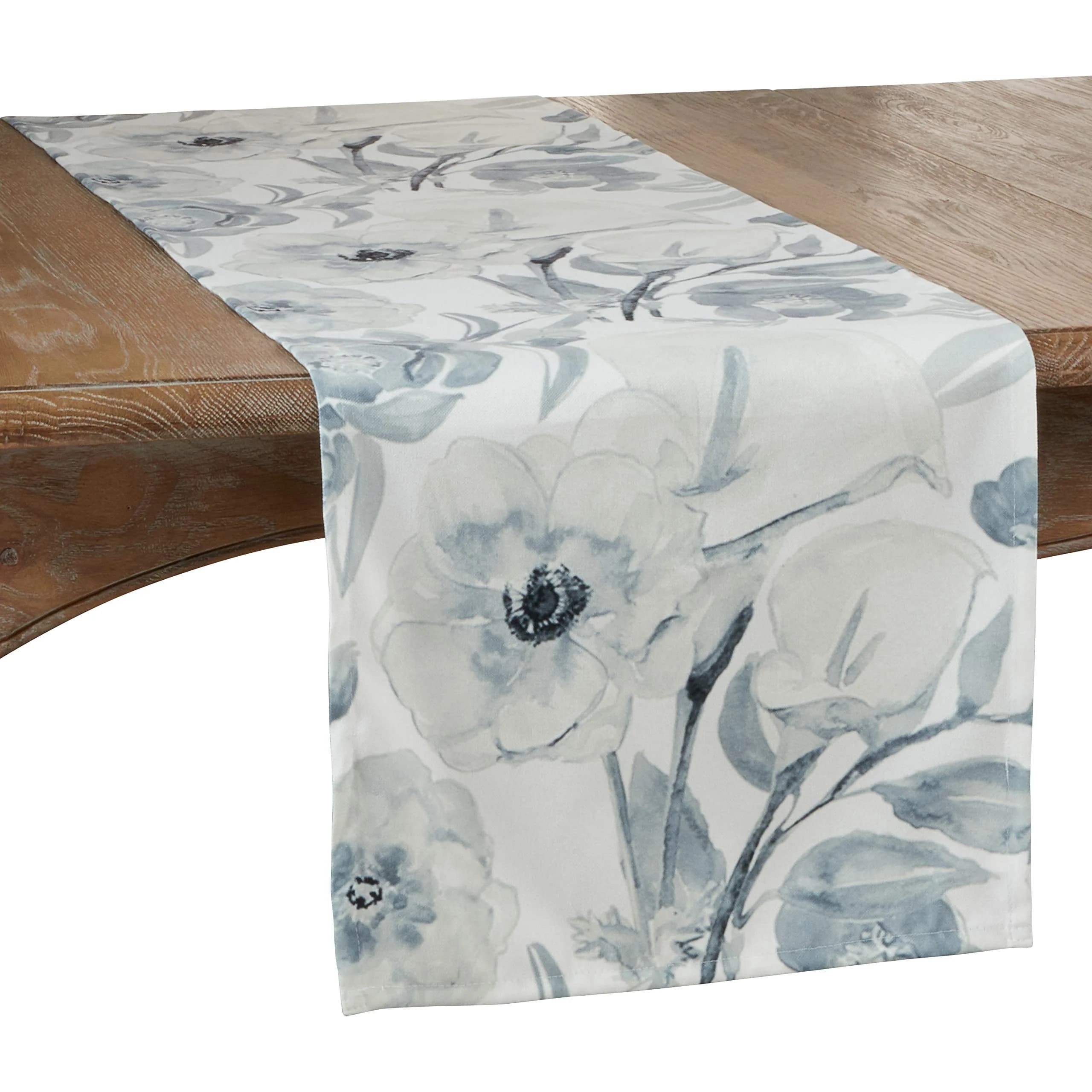 SARO LIFESTYLE Watercolor Large Floral Table Runner 16" x 72" | Elegant Floral Design — Blue-grey