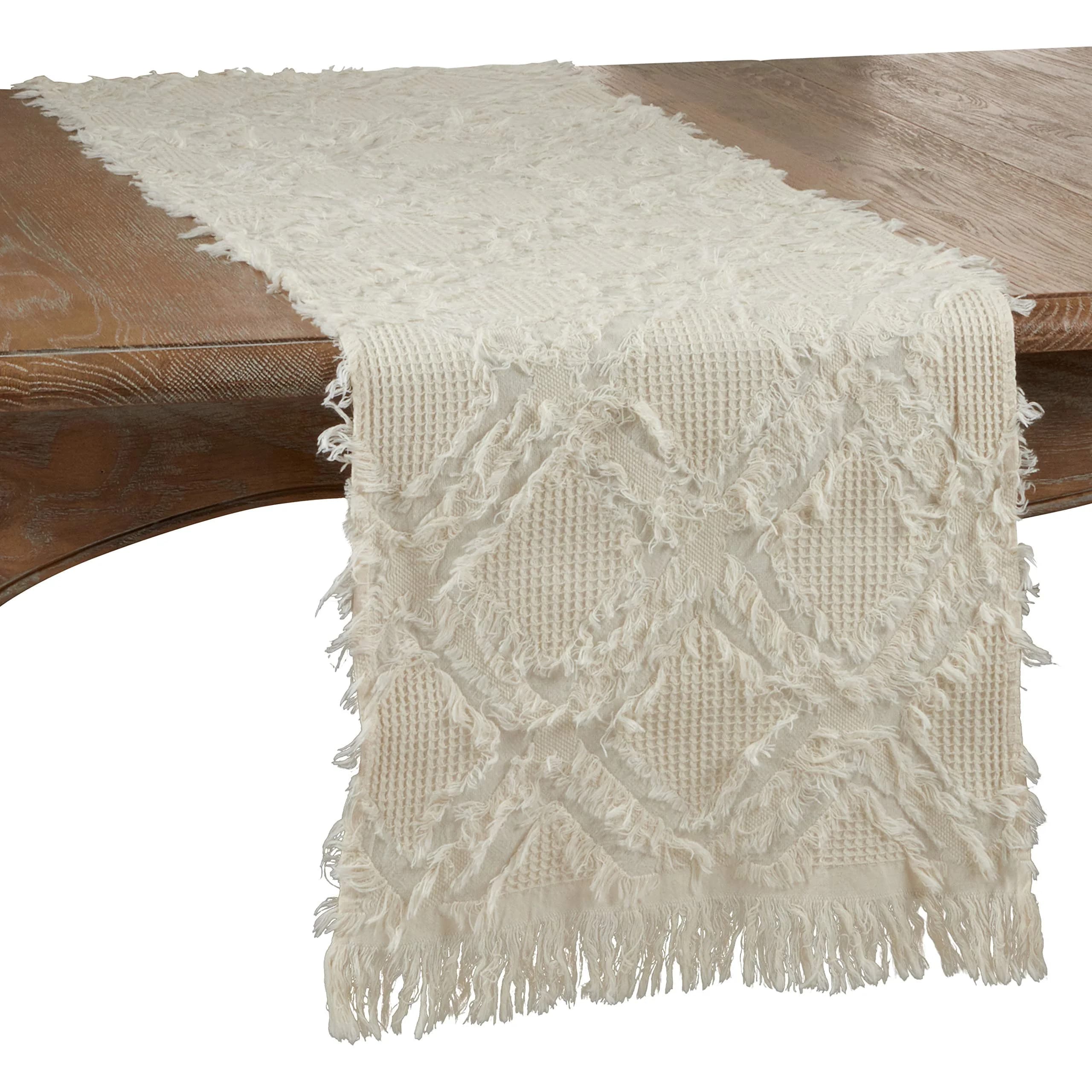 SARO LIFESTYLE Ivoryline Collection Fringe Waffle Weave Table Runner 16" x 72" | Elegant Cotton Decor — Ivory