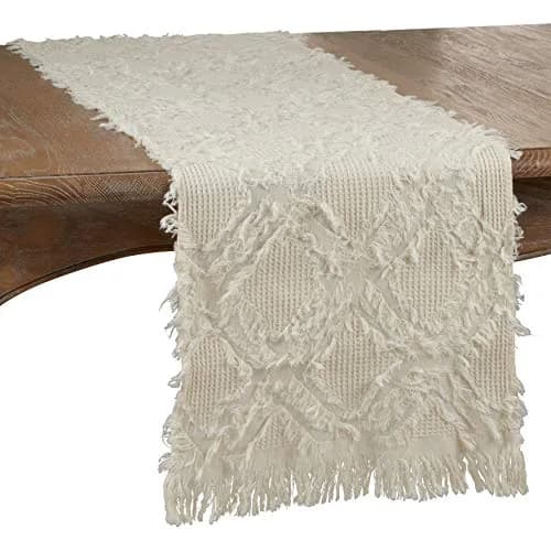 SARO LIFESTYLE Ivoryline Collection Fringe Waffle Weave Table Runner 16" x 72" | Elegant Cotton Decor thumbnail 1