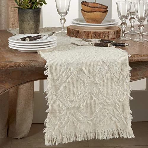 SARO LIFESTYLE Ivoryline Collection Fringe Waffle Weave Table Runner 16" x 72" | Elegant Cotton Decor thumbnail 4