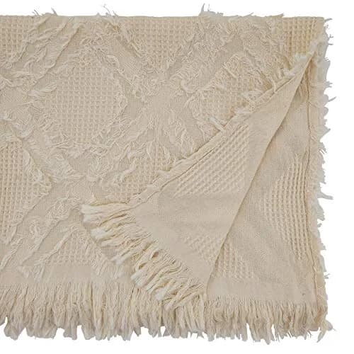 SARO LIFESTYLE Ivoryline Collection Fringe Waffle Weave Table Runner 16" x 72" | Elegant Cotton Decor thumbnail 2