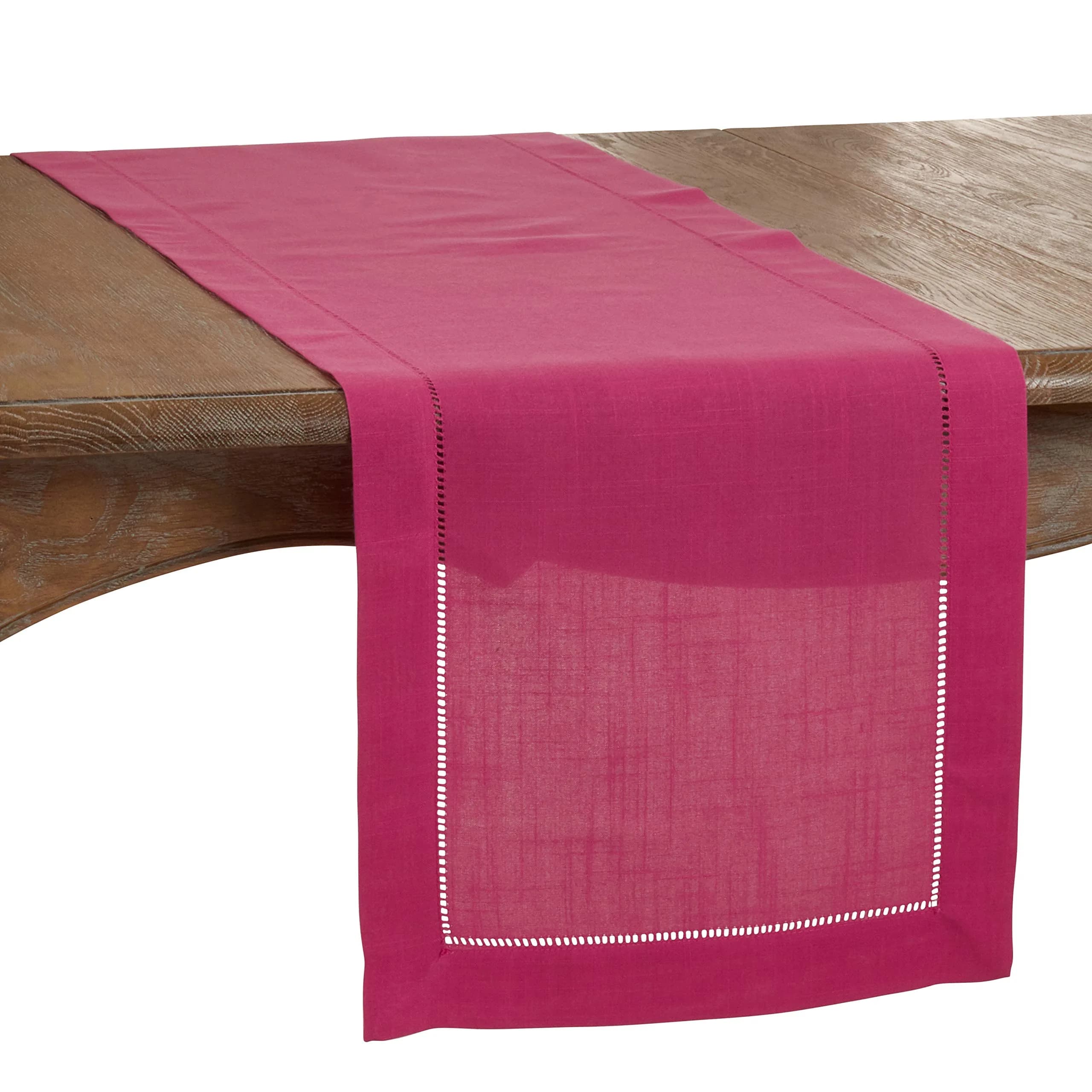 SARO LIFESTYLE Classic Hemstitch Table Runner 40cm x 183cm | Elegant Everyday Table Runner with Textured Fabric and Hemstitched Border — Fuchsia