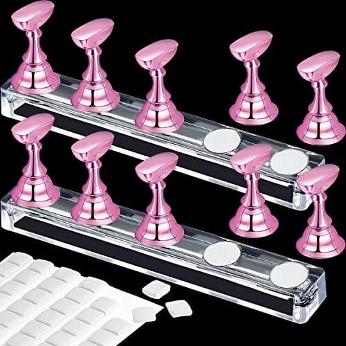 Blulu Magnetic Nail Art Practice Stands with Adhesive Putty (2 Sets, Metal Pink) | For Beginners & Salon Artists — Metal Pink