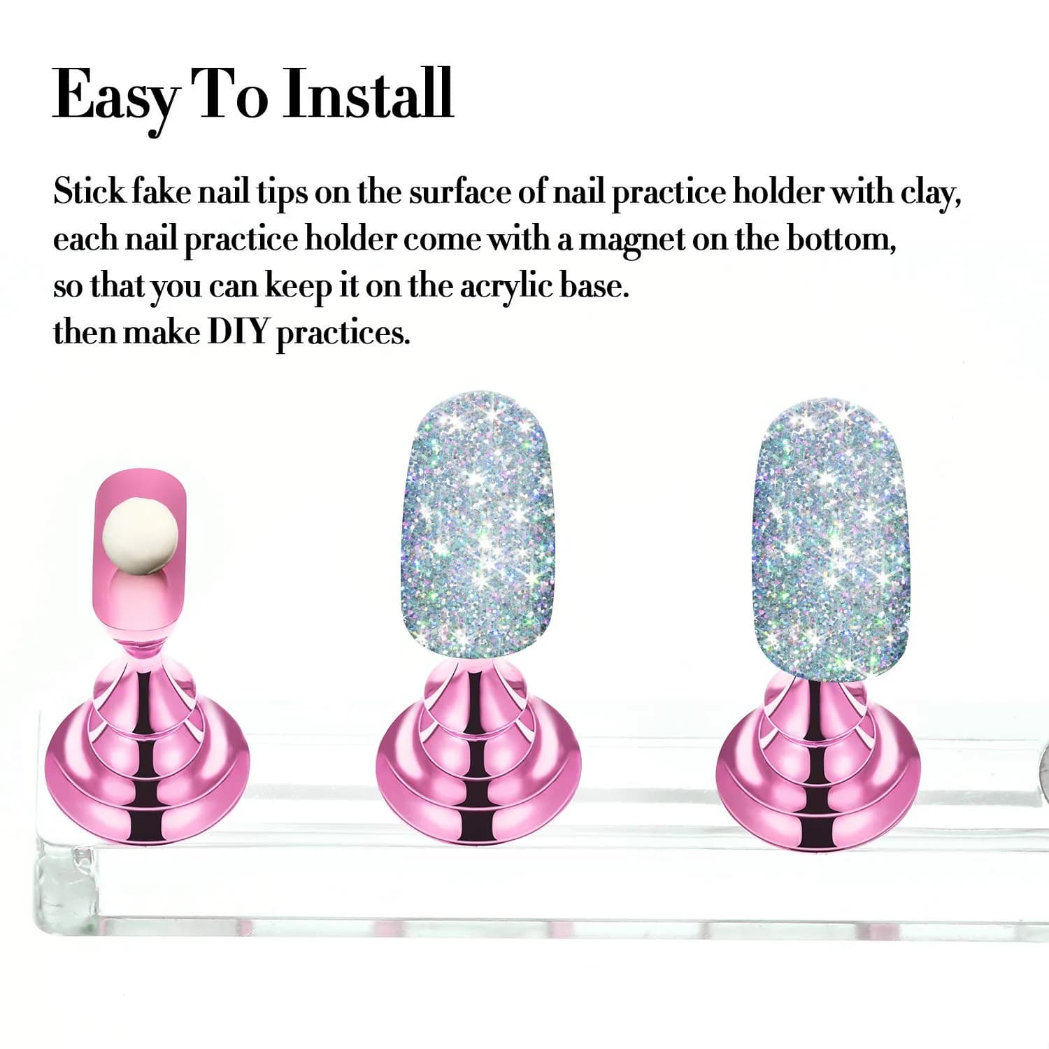Blulu Magnetic Nail Art Practice Stands with Adhesive Putty (2 Sets, Metal Pink) | For Beginners & Salon Artists - view 6