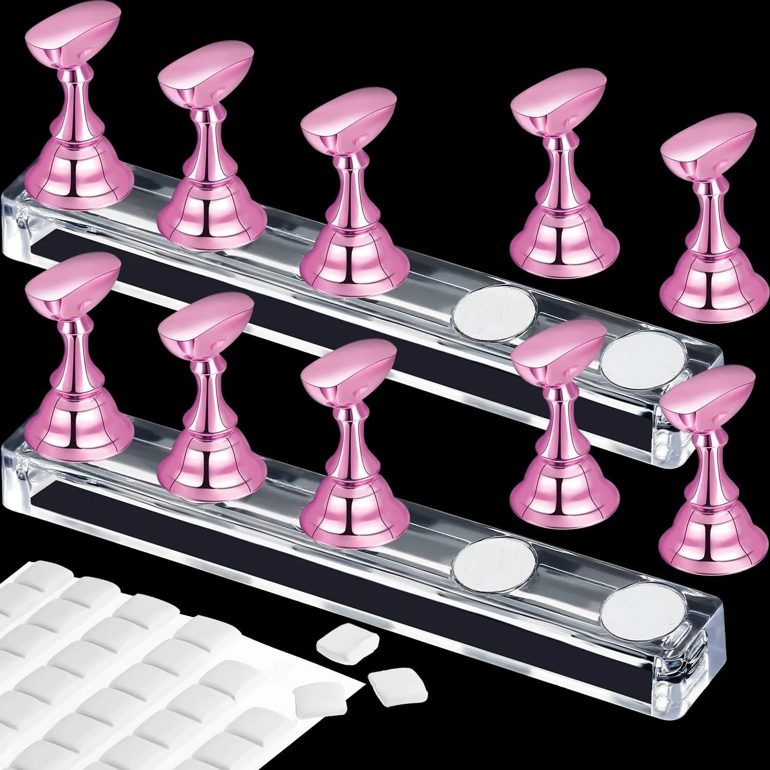 Blulu Magnetic Nail Art Practice Stands with Adhesive Putty (2 Sets, Metal Pink) | For Beginners & Salon Artists - main product image