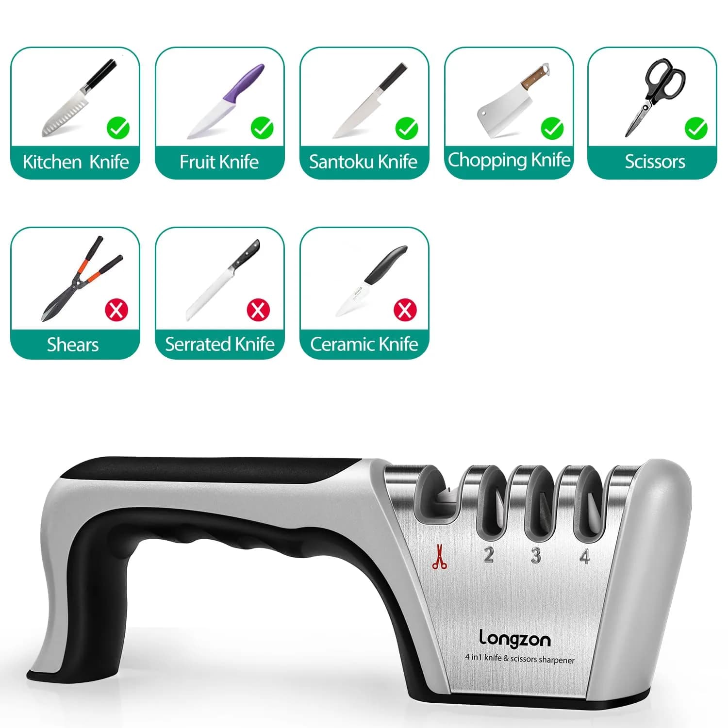 Longzon 4-Stage Knife Sharpener with Cut-Resistant Glove - Black+Silver - view 3