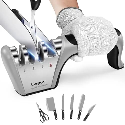 Longzon 4-Stage Knife Sharpener with Cut-Resistant Glove | Restores Dull Blades — Black+Silver
