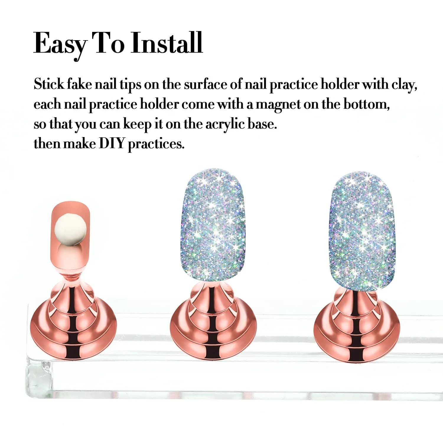 Blulu Magnetic Nail Art Practice Stands Set with 96 Putty Pieces | Metal Rose Gold, 2 Sets - view 6