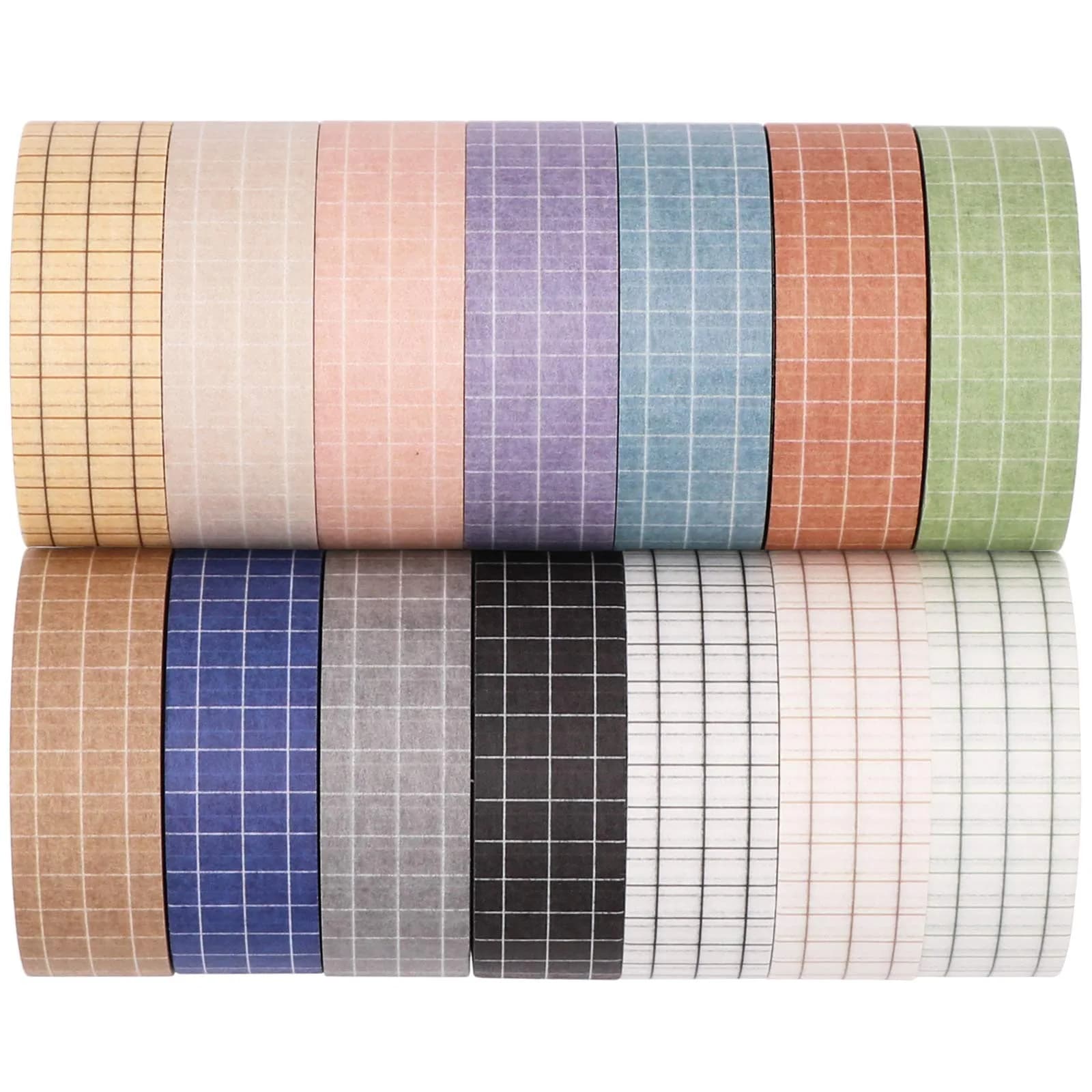 Knaid Grid Washi Tape Set, 14 Rolls 15mm x 8m | Decorative Masking Tapes for Journals & Crafts