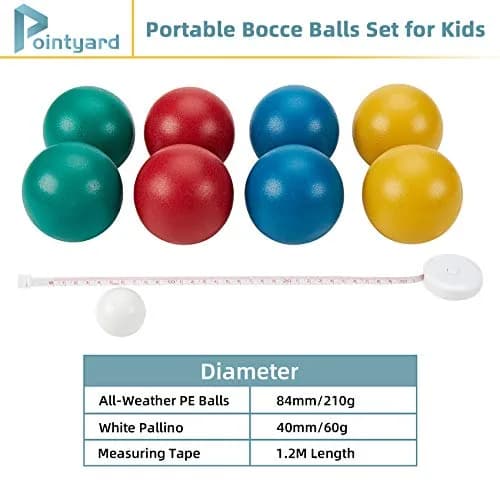 Pointyard 84mm PE Bocce Ball Set with Pallino & Carry Bag | Lightweight Beginner Backyard Game (8 Balls, 40mm Pallino) thumbnail 6