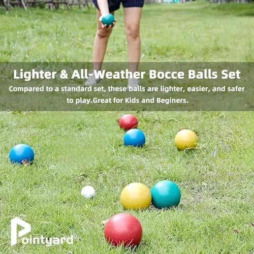 Pointyard 84mm PE Bocce Ball Set with Pallino & Carry Bag | Lightweight Beginner Backyard Game (8 Balls, 40mm Pallino) thumbnail 2