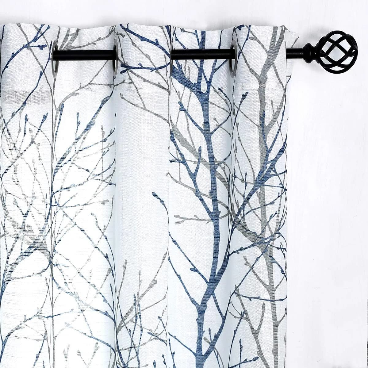 FMFUNCTEX Linen Blue White Semi Sheer Print Curtains 45 Inch Long | Modern Natural Decor