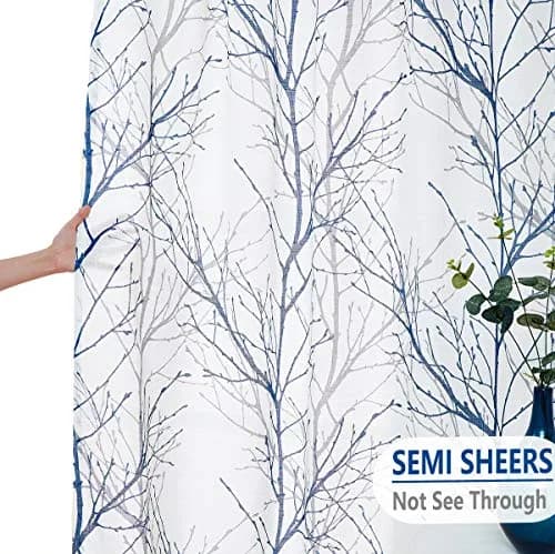 FMFUNCTEX Linen Blue White Semi Sheer Print Curtains 45 Inch Long | Modern Natural Decor thumbnail 5