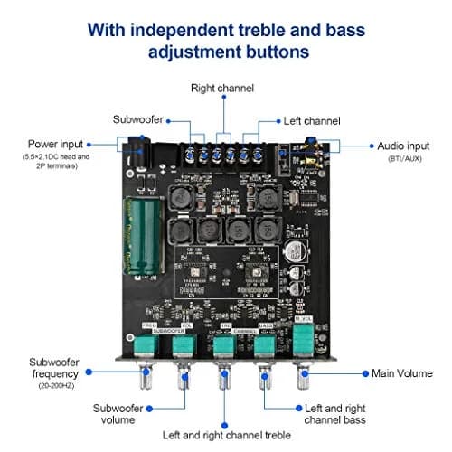 ARRAROWN ZK-TB21 Bluetooth 5.0 Audio Amplifier Board 50W x 2 + 100W Subwoofer | 2.1 Channel Stereo Output with Treble & Bass Control thumbnail 2