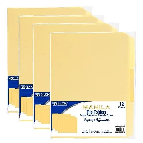 BAZIC Products Letter Size Manila File Folders | Office Filing, 4-Pack, 12 Count thumbnail 1