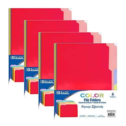 BAZIC PRODUCTS Color File Folders, Letter Size, 1/3-Cut Tabs, Assorted Colors (6-Count), 4-Pack | Organize Documents with Staggered Tabs thumbnail 1