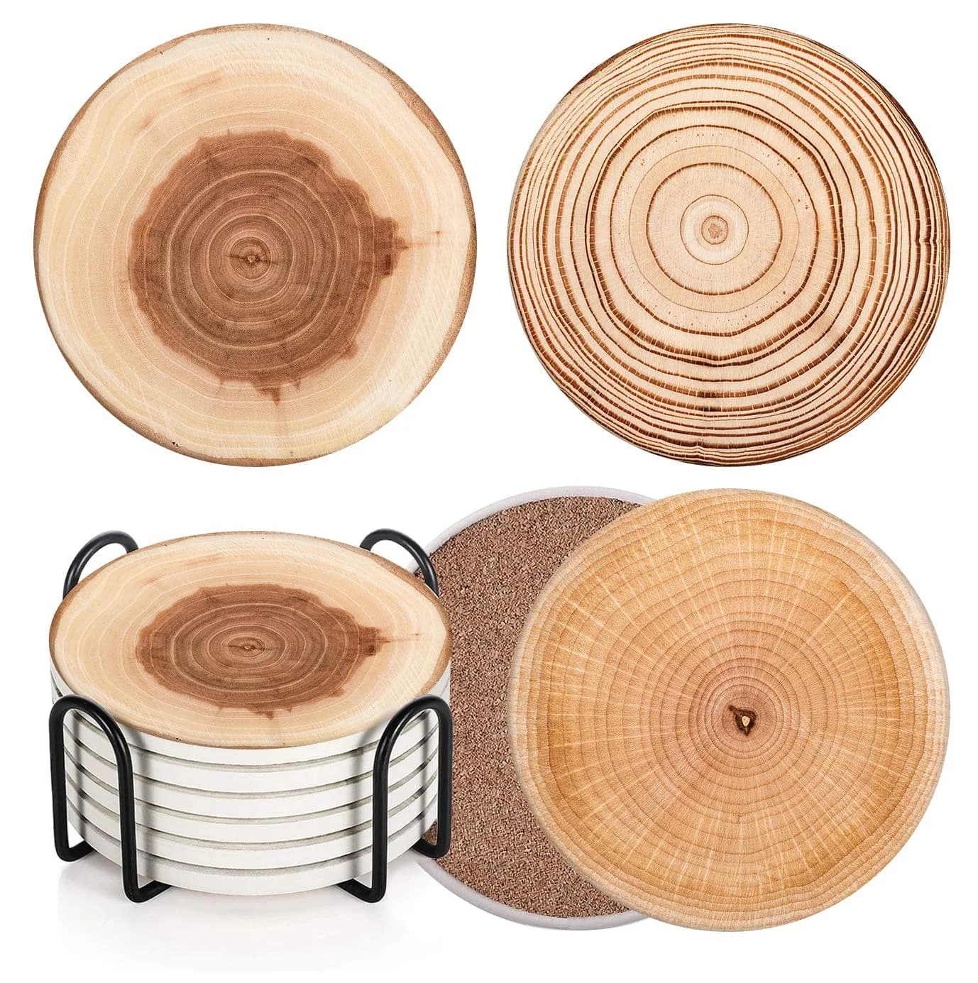 Britimes Ceramic Stone Coasters for Drinks, Set of 6, Wood Grain Finish, 4-inch Round | Absorbent & Slip-Resistant Table Protection — Wood 4