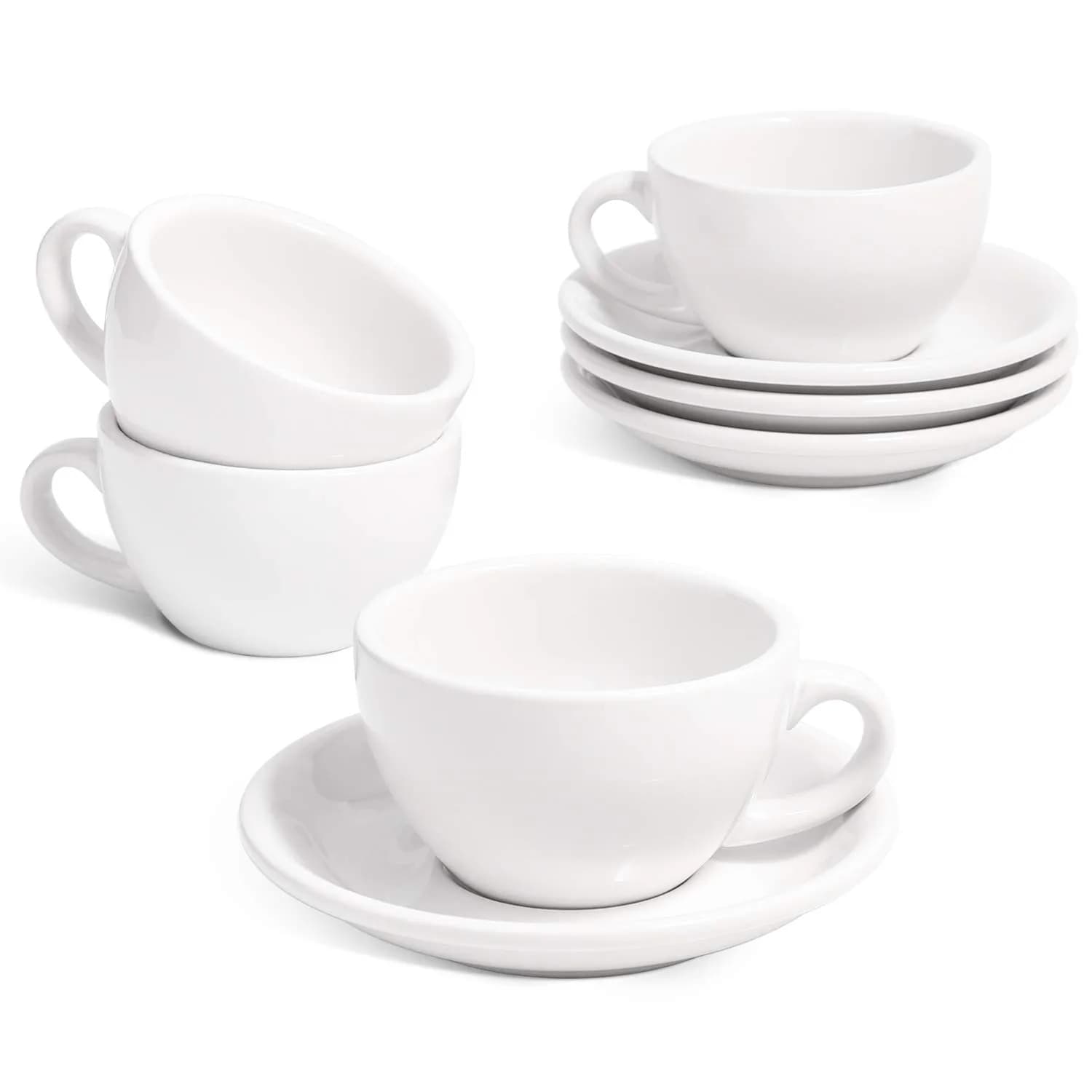 LE TAUCI 6 oz Cappuccino Cups with Saucers | Ceramic Coffee Set for Latte & Mocha, White