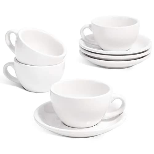 LE TAUCI 6 oz Cappuccino Cups with Saucers | Ceramic Coffee Set for Latte & Mocha, White thumbnail 1