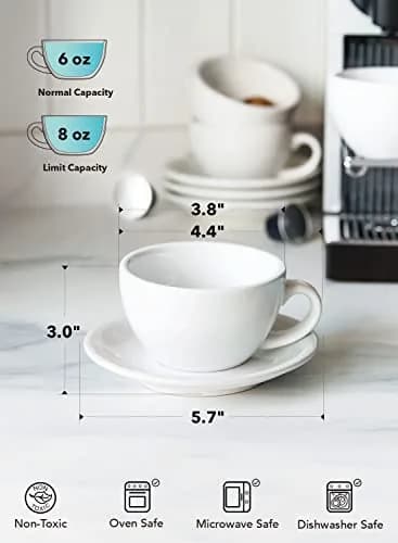 LE TAUCI 6 oz Cappuccino Cups with Saucers | Ceramic Coffee Set for Latte & Mocha, White thumbnail 6