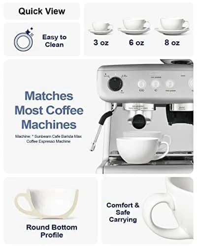 LE TAUCI 6 oz Cappuccino Cups with Saucers | Ceramic Coffee Set for Latte & Mocha, White thumbnail 2