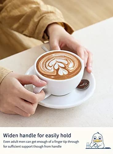 LE TAUCI 6 oz Cappuccino Cups with Saucers | Ceramic Coffee Set for Latte & Mocha, White thumbnail 3