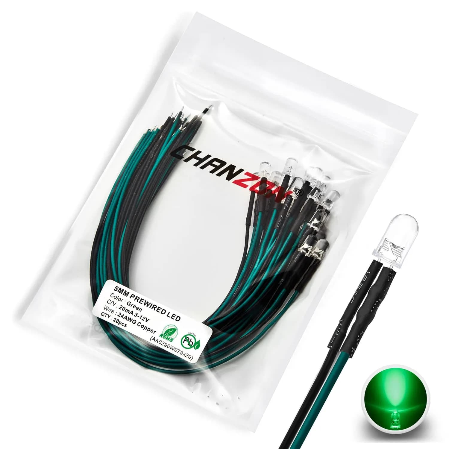 CHANZON 20 pcs Pre-Wired 5mm Green LED Diode Lights (DC 12V) | 15000-18000 mcd Ultrabright — D) Green (20pcs)