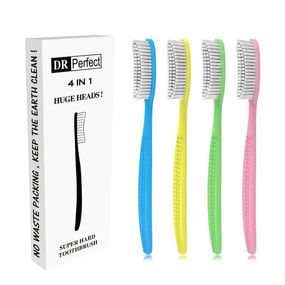 DR PERFECT Extra Hard & Firm Toothbrush Large Long Head Whitening Pack of 4 | Firm Bristle Toothbrush