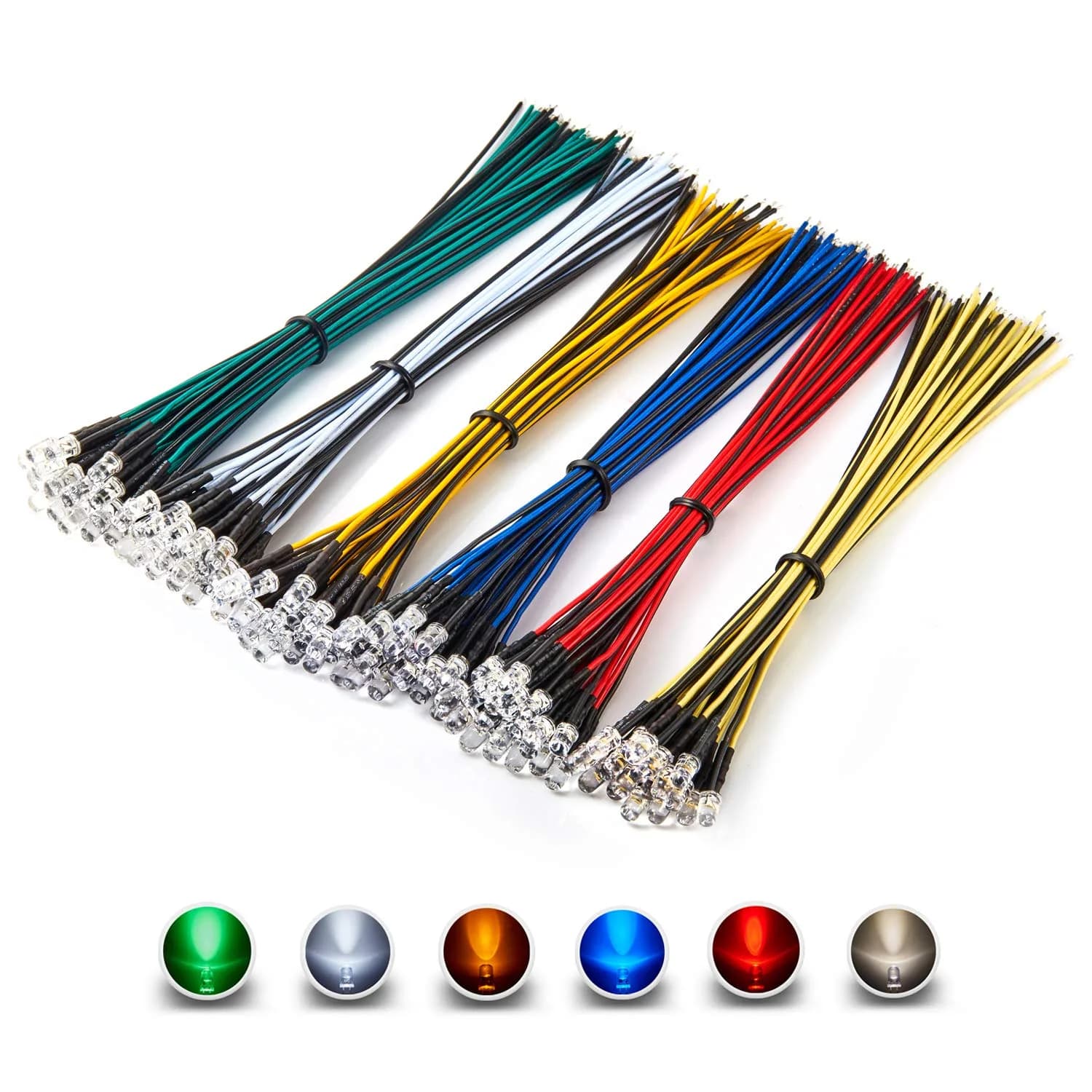 CHANZON 120pcs 12V 5mm LED Diode Lights 7.9 inch Pre Wired Assorted Kit | 6 Colors x 20pcs — A) 6 Colors X 20pcs = 120pcs