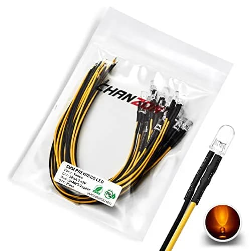 CHANZON Pre-Wired 5mm Yellow LED Diode Lights 20cm (0.79 inch) | 12V DC, 20mA, 0.24W, 1500-2000mcd thumbnail 1